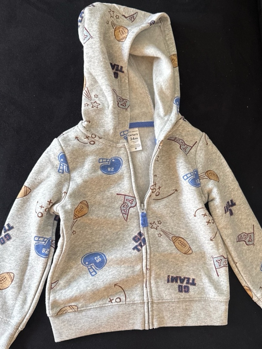 Carter's Gray Hooded Zip-Up Sweatshirt with Blue & Brown Sports Print